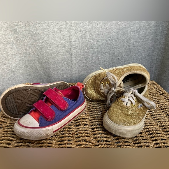 (2) Pairs shoes - Converse & Vans - Toddler Size 5 - pink velcro gold - Picture 1 of 15